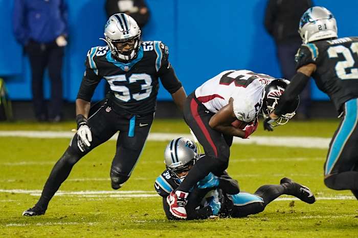 Oct 29, 2020; Charlotte, North Carolina, USA; Carolina Panthers defensive end Brian Burns (53) closes in on Atlanta Falcons running back Brian Hill (23) during the second half at Bank of America Stadium.